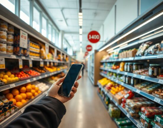Shopper in a Greek supermarket looking at price tags on shelves, illustrating consumer inflation.