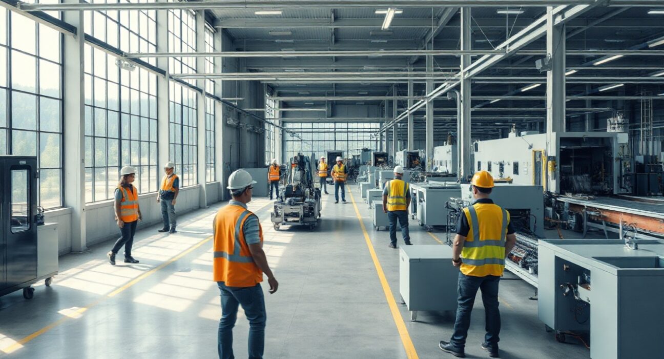Industrial factory floor in Greece with machinery and workers in safety gear