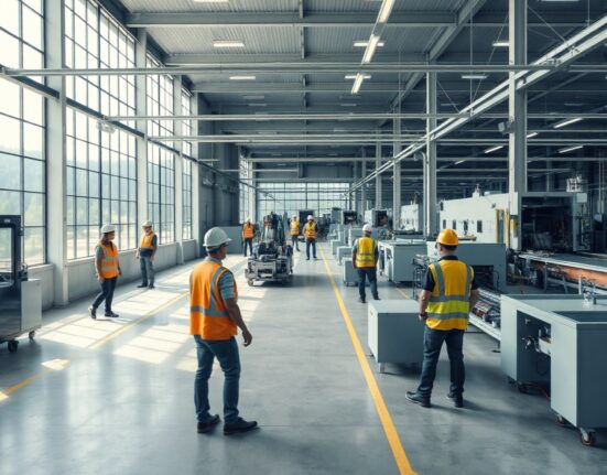 Industrial factory floor in Greece with machinery and workers in safety gear