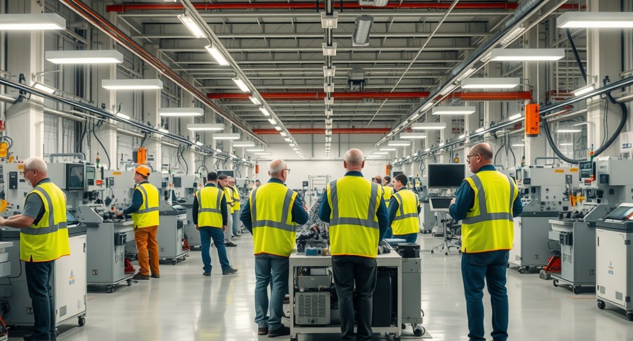 Interior of a modern Greek manufacturing facility with workers and automated production lines
