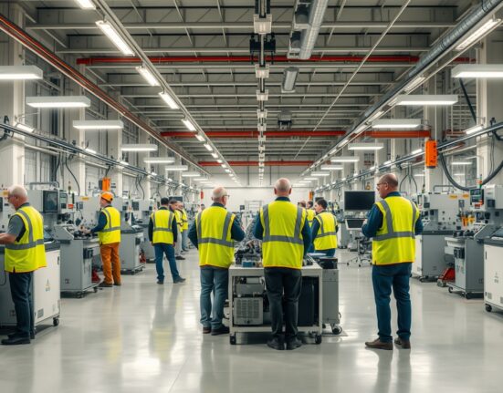 Interior of a modern Greek manufacturing facility with workers and automated production lines