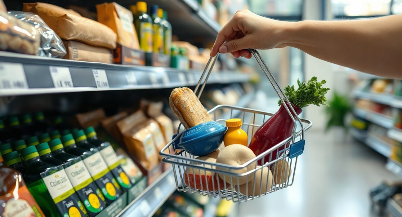 Shopper with basket in a Greek supermarket, illustrating easing consumer price inflation in July 2025.