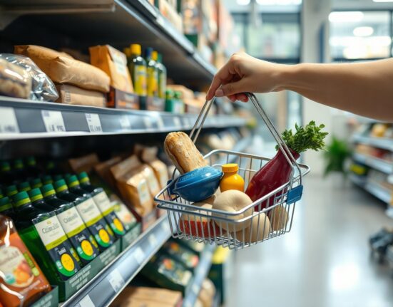 Shopper with basket in a Greek supermarket, illustrating easing consumer price inflation in July 2025.
