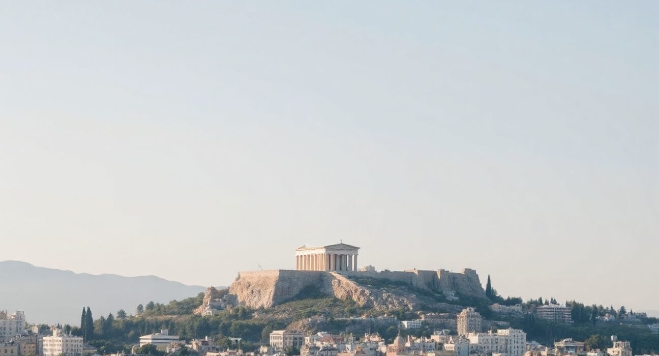 Athens skyline with Acropolis, symbolizing Greece's economic landscape as inflation cools.
