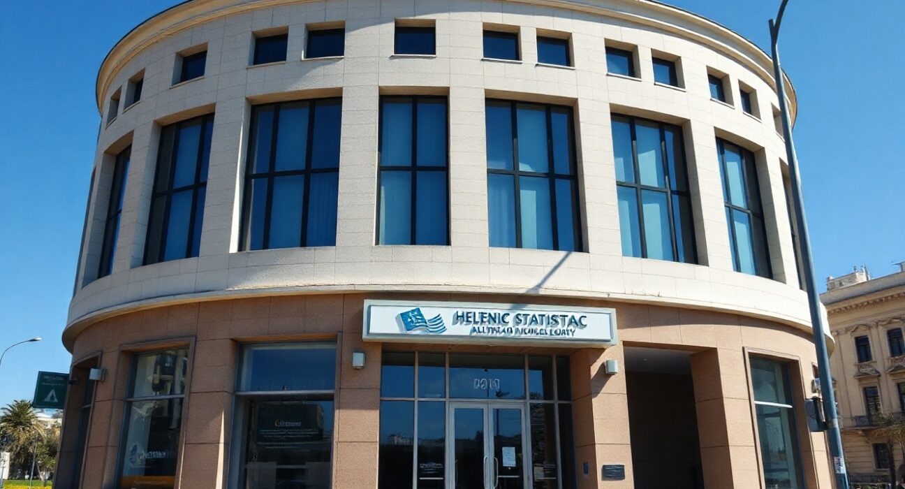 Exterior of the Hellenic Statistical Authority building in Athens, Greece, under clear skies.