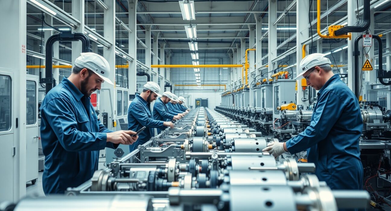 Workers in a modern Greek manufacturing facility operating machinery, representing industrial sector growth.
