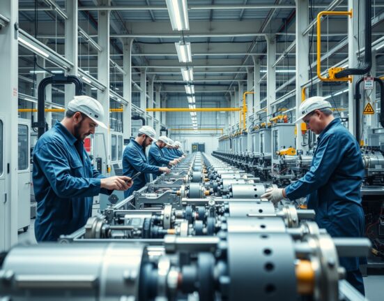 Workers in a modern Greek manufacturing facility operating machinery, representing industrial sector growth.