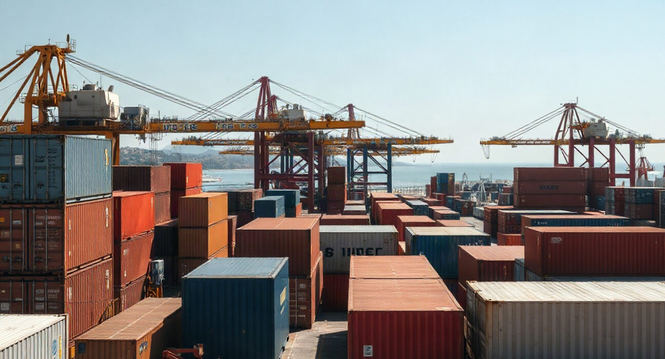 Aerial view of the Port of Piraeus with cargo containers and cranes, illustrating Greek industrial activity.
