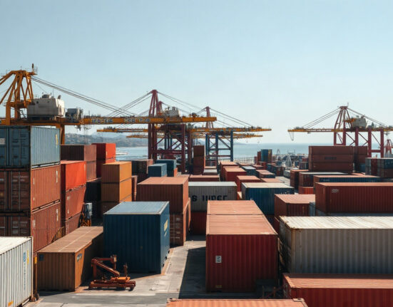 Aerial view of the Port of Piraeus with cargo containers and cranes, illustrating Greek industrial activity.