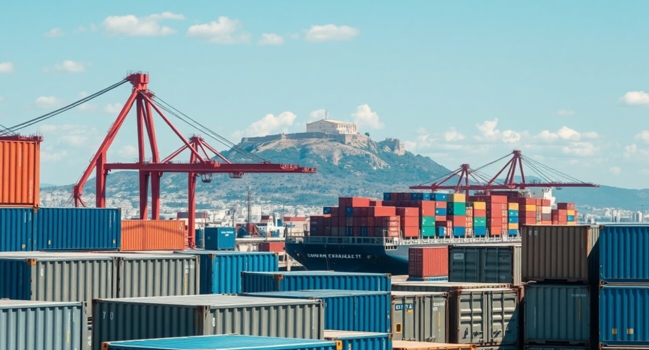 Port of Piraeus in Athens, Greece, with cargo containers and a ship, representing Greek economic activity.