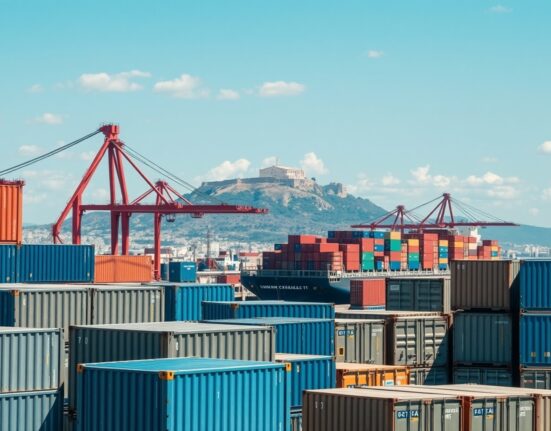 Port of Piraeus in Athens, Greece, with cargo containers and a ship, representing Greek economic activity.