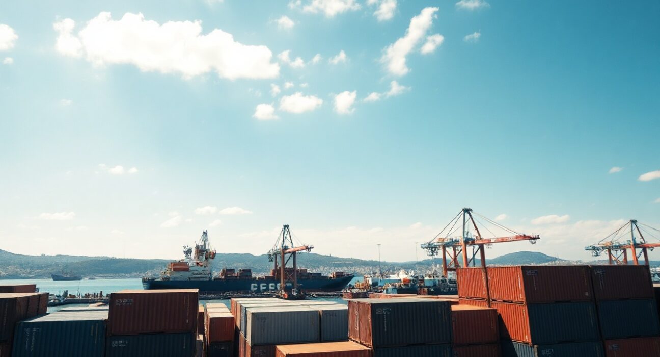 Port of Piraeus in Athens, Greece, with cargo containers and industrial cranes under a sunny sky