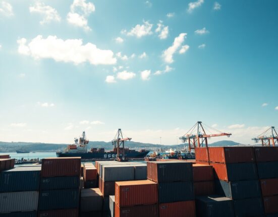 Port of Piraeus in Athens, Greece, with cargo containers and industrial cranes under a sunny sky