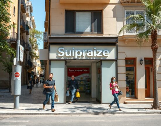 Shoppers on a busy retail street in Athens, Greece, with storefronts and shopping bags, reflecting strong May retail sales.