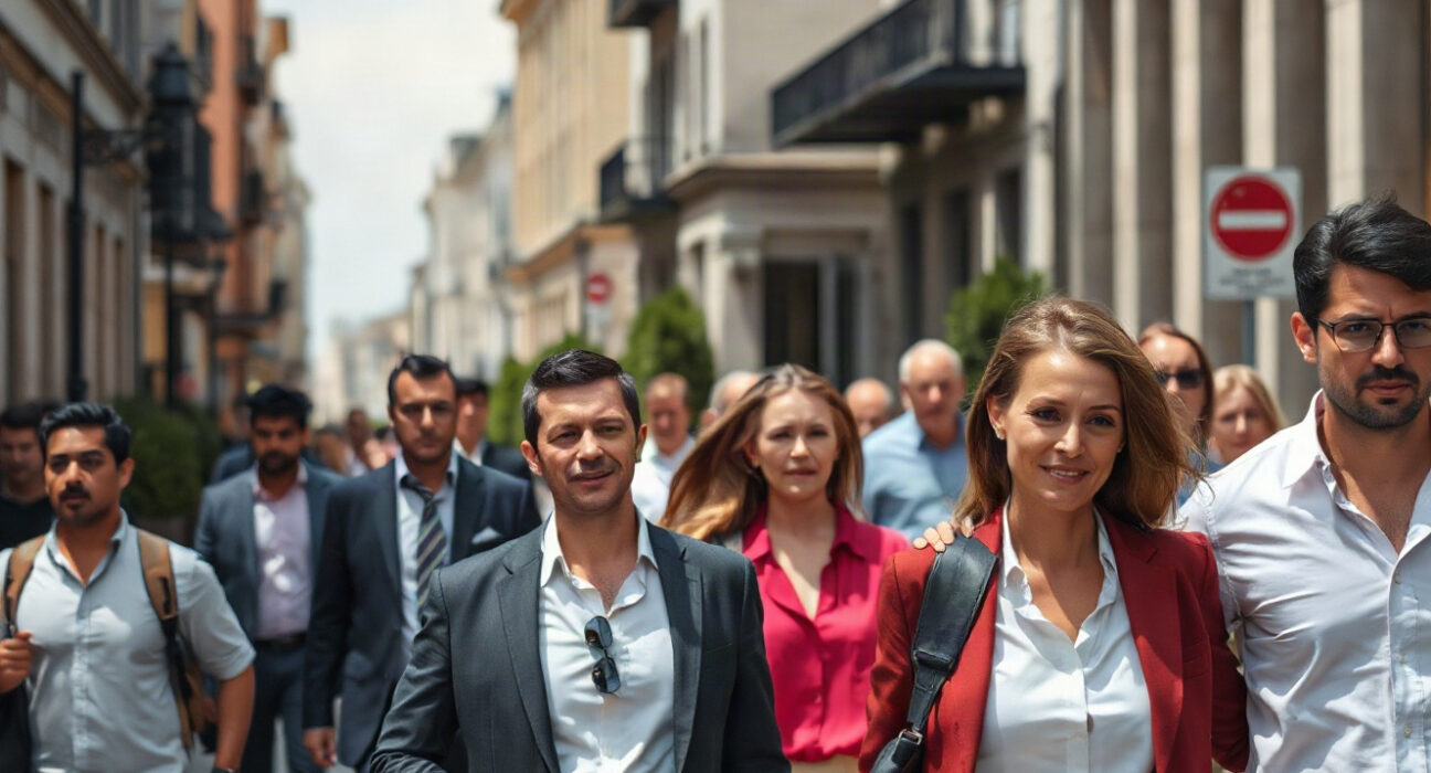 Pedestrians walking on a busy Athens street, reflecting Greece's improving labor market conditions.