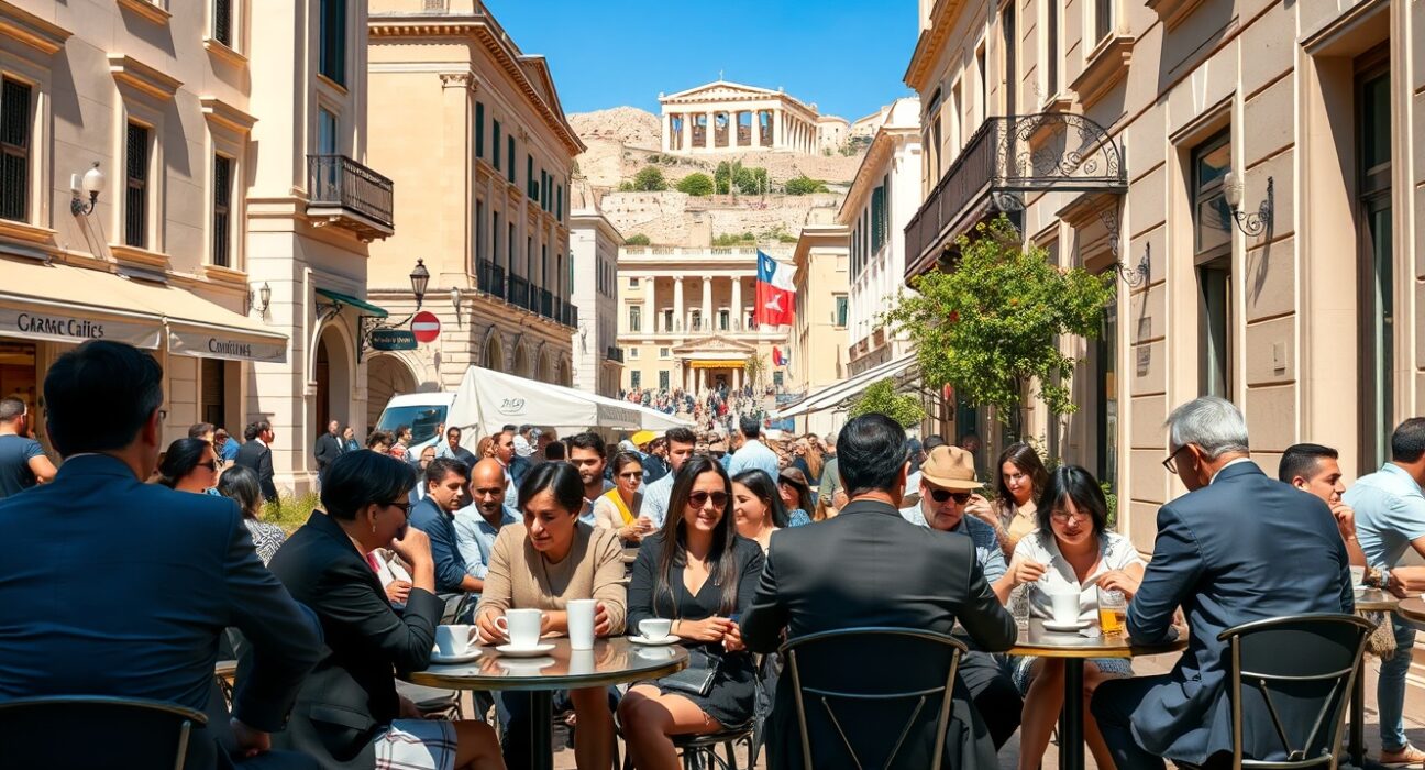 Busy outdoor café in Athens with locals and tourists on a sunny day, reflecting economic activity