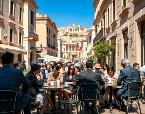 Busy outdoor café in Athens with locals and tourists on a sunny day, reflecting economic activity