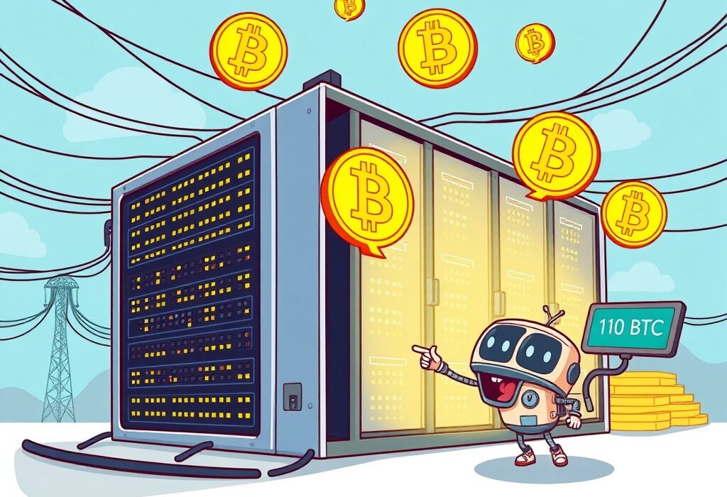 A vibrant cartoon illustration depicting a Greenidge Bitcoin mining facility, with glowing Bitcoin symbols, highlighting their Q2 production.