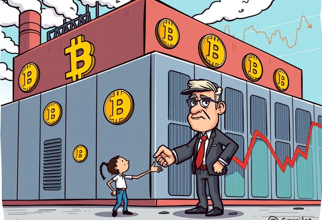 A cartoon illustration showing the Greenidge Bitcoin mining facility being sold, reflecting financial strain in the crypto mining sector.