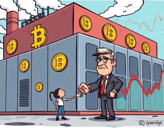 A cartoon illustration showing the Greenidge Bitcoin mining facility being sold, reflecting financial strain in the crypto mining sector.