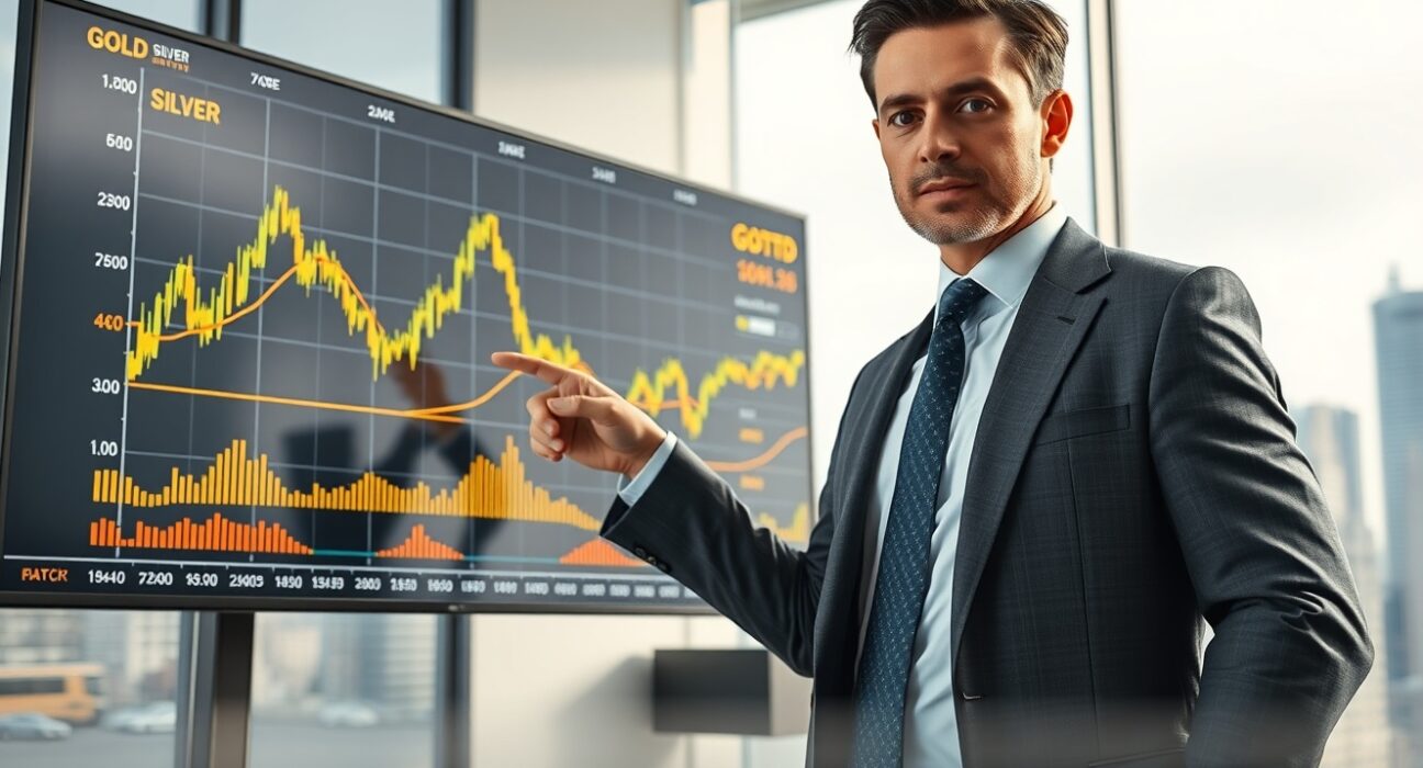 Financial analyst Greg Weldon analyzing gold and silver price charts on a screen