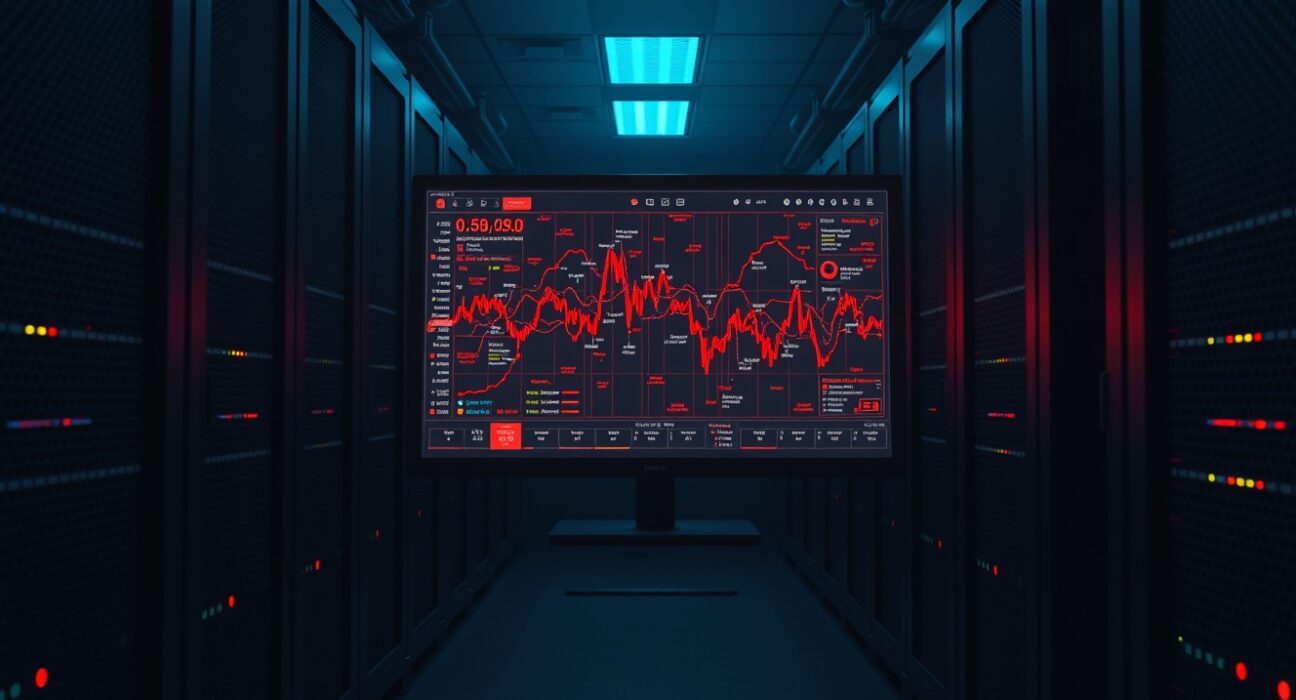 Server room with monitor displaying blockchain transaction map of stolen Grinex funds