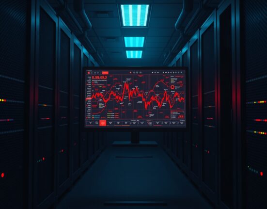 Server room with monitor displaying blockchain transaction map of stolen Grinex funds