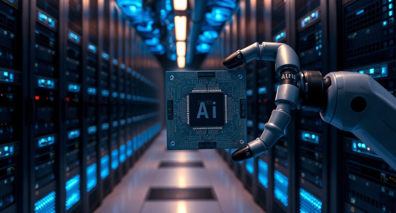 Close-up of an AI chip held by a robotic arm in a dimly lit data center, representing Groq's hardware and neocloud pivot.