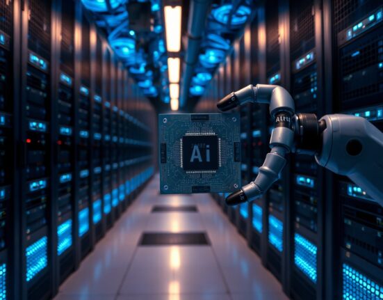 Close-up of an AI chip held by a robotic arm in a dimly lit data center, representing Groq's hardware and neocloud pivot.