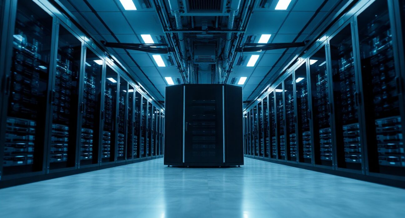 Interior of a modern AI data center with rows of servers and blue lighting