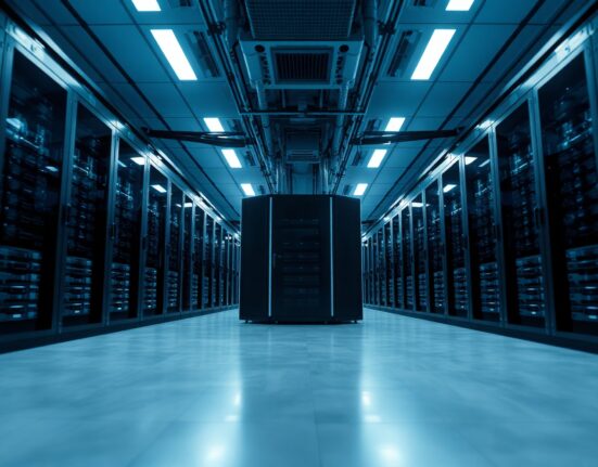 Interior of a modern AI data center with rows of servers and blue lighting