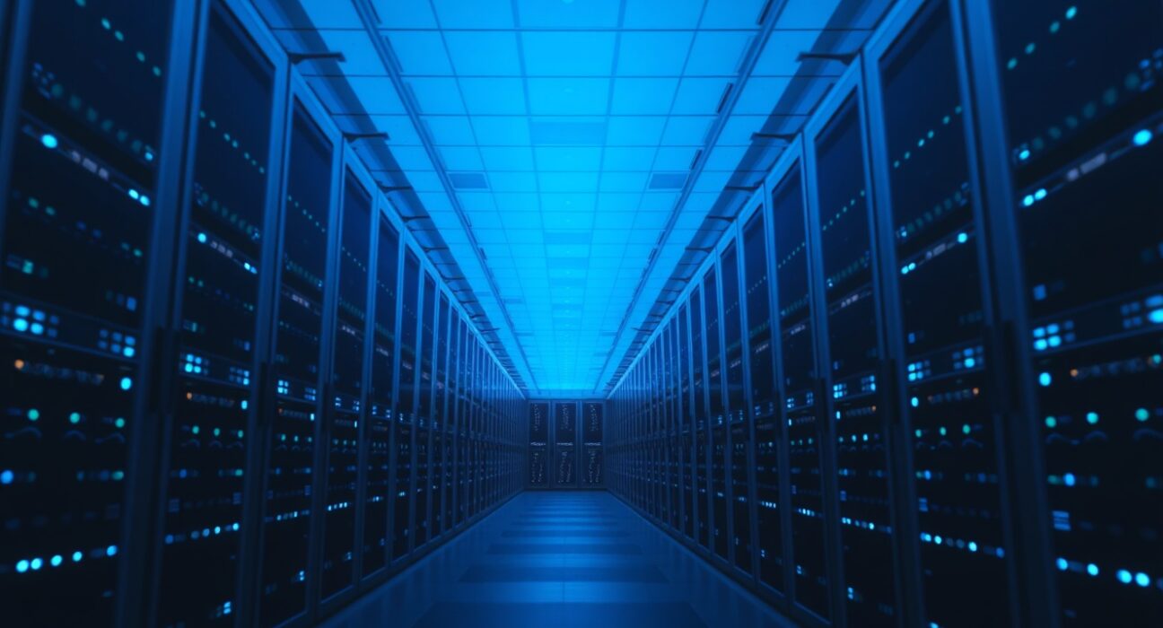 Interior of a modern data center with glowing blue server racks representing AI inference infrastructure.
