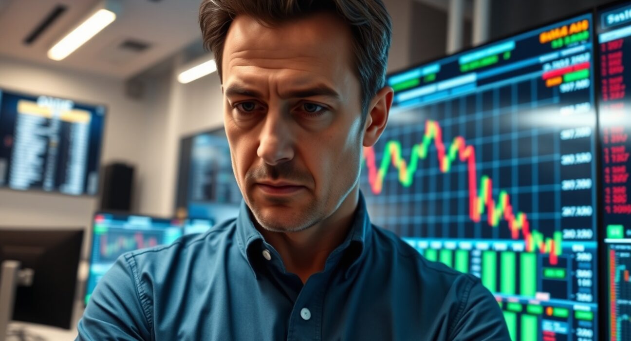 Financial analyst examining a downward-trending stock market chart on a large screen.