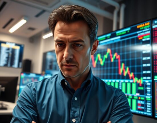 Financial analyst examining a downward-trending stock market chart on a large screen.