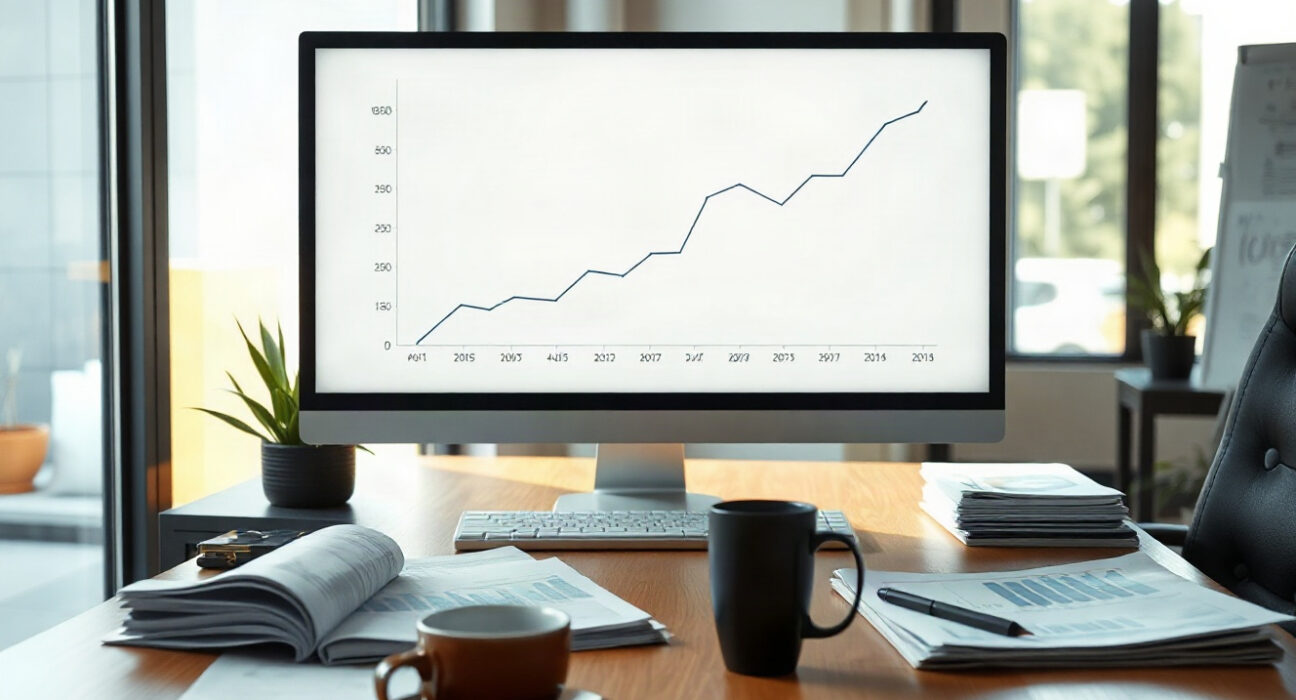 Analyst desk with monitor showing GDP growth chart for 2Q26 analysis