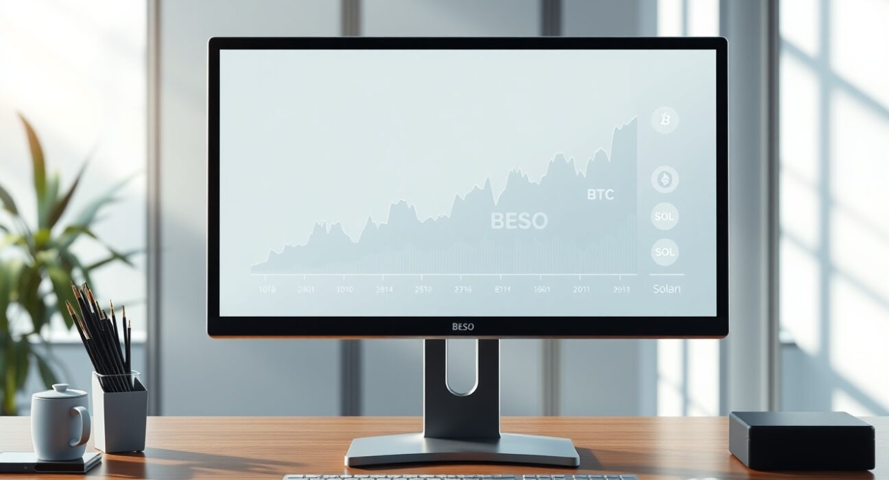 GSR Crypto Core3 ETF BESO stock chart with Bitcoin, Ethereum, and Solana icons on a professional trading desk.