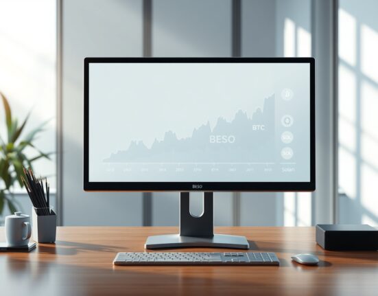 GSR Crypto Core3 ETF BESO stock chart with Bitcoin, Ethereum, and Solana icons on a professional trading desk.