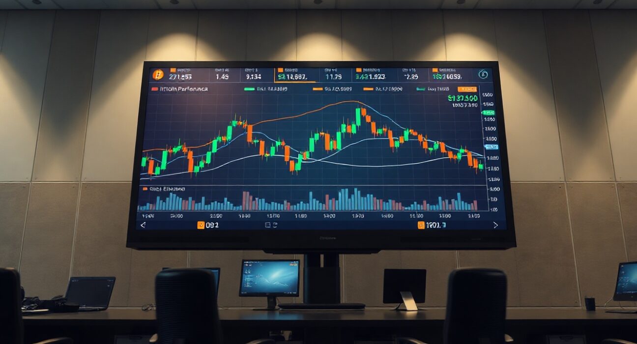 Digital trading screen showing cryptocurrency charts for BTC, ETH, and SOL