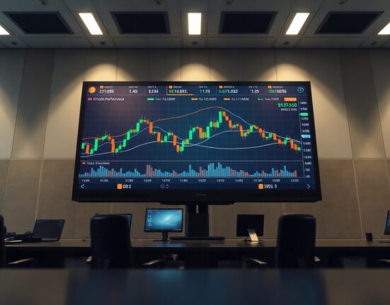 Digital trading screen showing cryptocurrency charts for BTC, ETH, and SOL