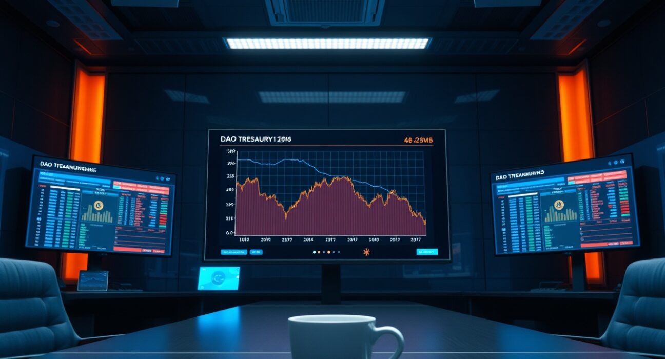 Analyst reviewing DAO treasury charts with declining token prices on multiple screens