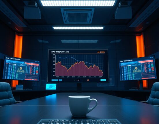 Analyst reviewing DAO treasury charts with declining token prices on multiple screens