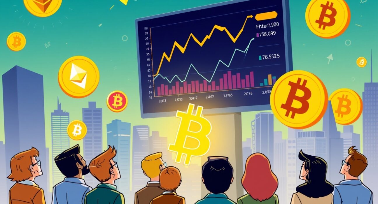 A cartoon depicting investors excitedly watching screens, symbolizing the launch of new crypto ETFs and their potential impact on digital asset markets.