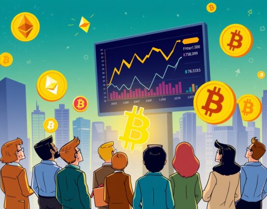 A cartoon depicting investors excitedly watching screens, symbolizing the launch of new crypto ETFs and their potential impact on digital asset markets.