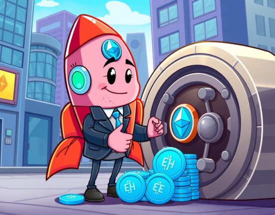 Cartoon rocket representing GSR Markets transferring Ethereum to a bank vault, symbolizing institutional crypto adoption.