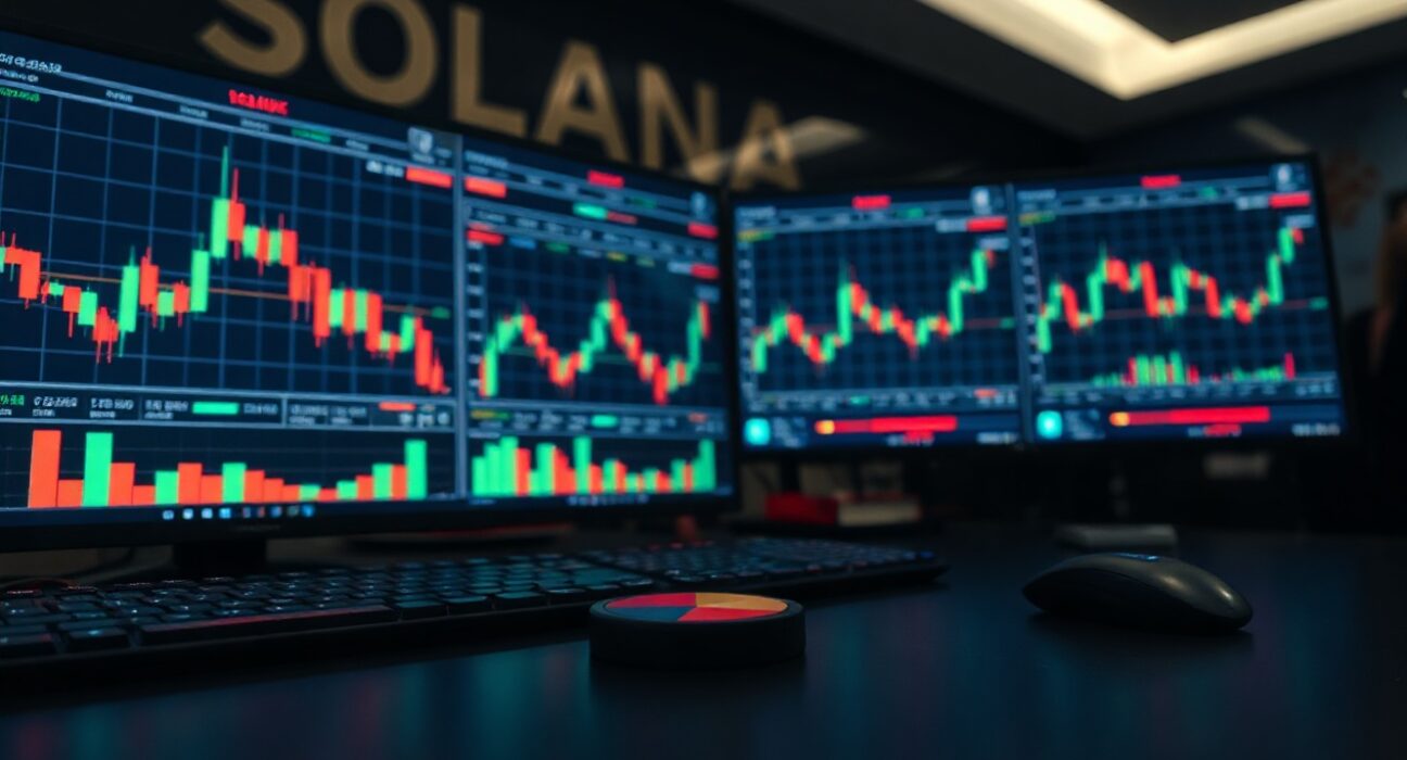 Trading desk with crypto charts and portfolio allocation display