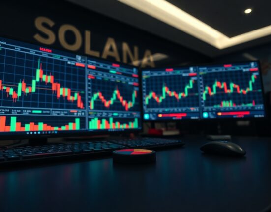 Trading desk with crypto charts and portfolio allocation display