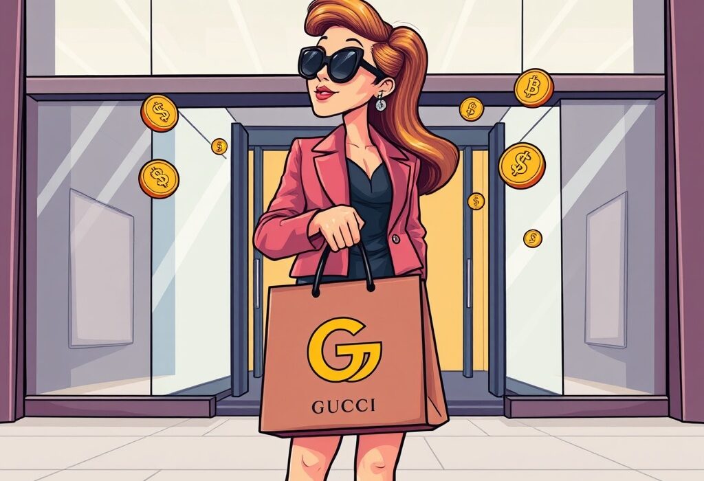 A cartoon person confidently exiting a luxury store, symbolizing Gucci crypto payments and the blend of high fashion with digital currency.