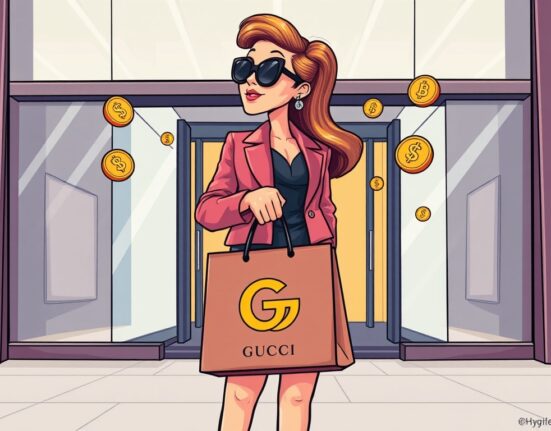A cartoon person confidently exiting a luxury store, symbolizing Gucci crypto payments and the blend of high fashion with digital currency.