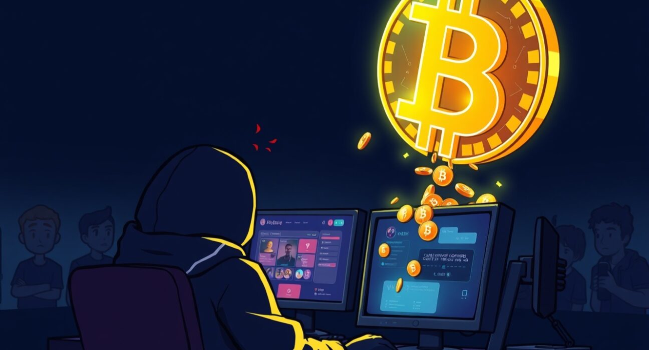 Cartoon illustration of a hacker orchestrating a massive BTC phishing scam through a fake gaming platform.