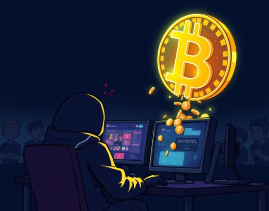 Cartoon illustration of a hacker orchestrating a massive BTC phishing scam through a fake gaming platform.
